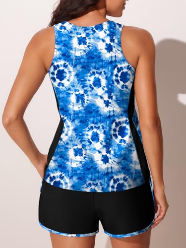 Summer Mae Blouson Tankini Swimsuits for Women 2025 Tummy Control Two Piece Bathing Suits with Sporty Pockets Swim Shorts Blue Tie-Dye Size 14 - Image 2