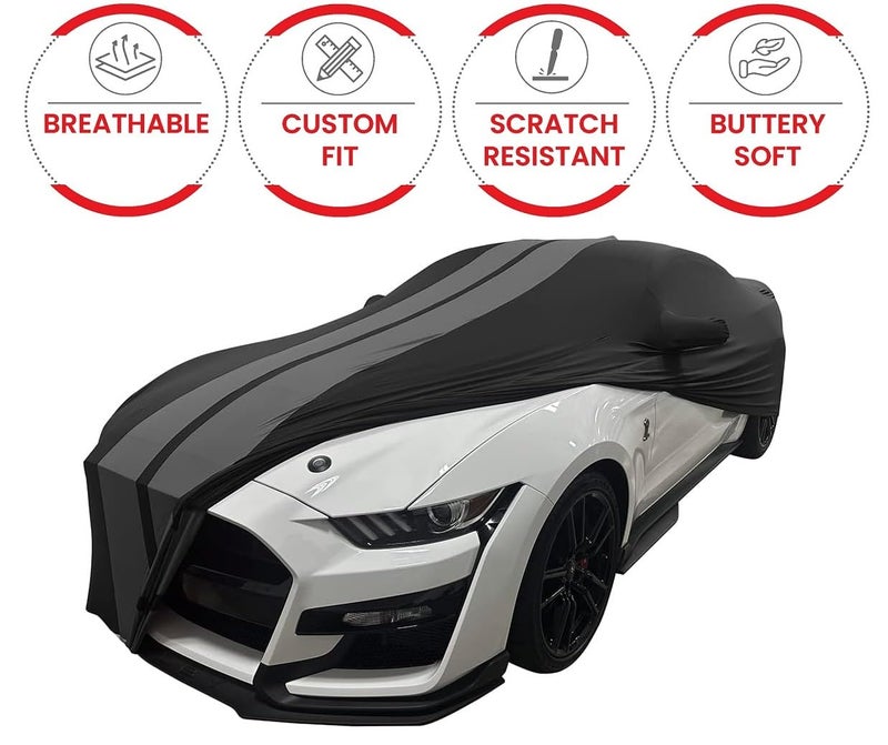 SR1 Performance 2005-2025 Mustang Indoor Car Cover - High End Custom Fit Ultraguard Stretch Satin Sport Series Dust Proof : Black with Gray Stripes for Ford Mustang V6/Ecoboost/GT/Bullitt/Shelby GT350 - Image 2