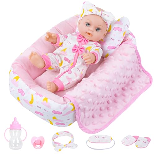 BDDOLL 12 Inch Baby Doll Crib Playset with Dolls Clothes and Accessories Including Soft Sleep Bassinet Bed Bottles Nipple Eye Mask Slippers Blanket Pillow Gift Idea for Ages 3 - Image 1