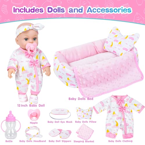 BDDOLL 12 Inch Baby Doll Crib Playset with Dolls Clothes and Accessories Including Soft Sleep Bassinet Bed Bottles Nipple Eye Mask Slippers Blanket Pillow Gift Idea for Ages 3 - Image 5