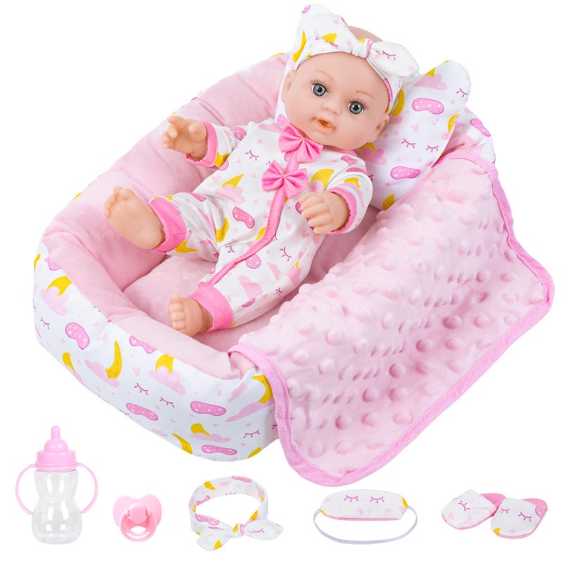 BDDOLL 12 Inch Baby Doll Crib Playset with Dolls Clothes and Accessories Including Soft Sleep Bassinet Bed Bottles Nipple Eye Mask Slippers Blanket Pillow Gift Idea for Ages 3 - Image 3