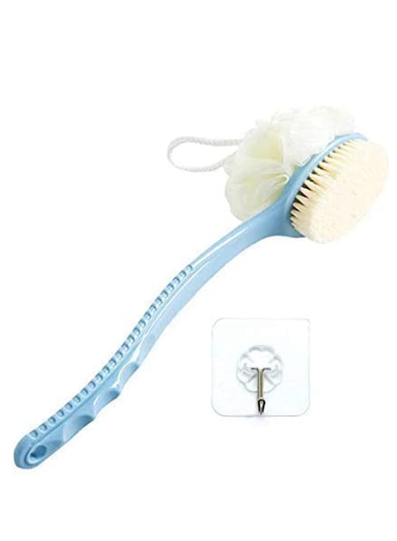 Zaboon 2 In 1 Long Handle Bath Body Brush With Soft Loofah And Nylon Wool Back Scrubber Bath Mesh Sponge For Skin Exfoliating Bath Massage Suitable For Wet Or Dry Men And Women Blue - Image 1