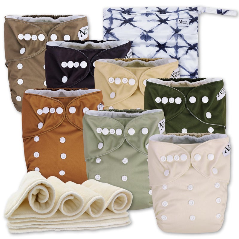Nora's Nursery Cloth Diapers 7 Pack with 7 Inserts & 1 Wet Bag - Waterproof Cover, Washable, Reusable & One Size Adjustable Pocket Diapers for Newborns and Toddlers - Down to Earth - Image 1