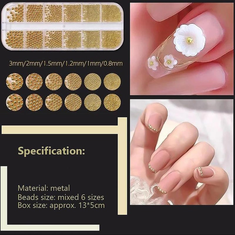 Bellecrey 0.8mm Mini Small Nail Beads Stainless Steel Beads Nail Chain Charms Nails Art Decorations Gun Grey Nail Studs Gold Caviar Nail Charms DIY Tool Nail Studs Accessories Cold Nail Gems (Gold) - Image 2