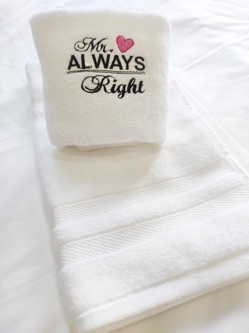Mrunals Fashion 150 GSM Hand Towel with Mr Always Right Embroidery Pack of 2 Size 16 W X 27L inch Towel Color White - Image 1