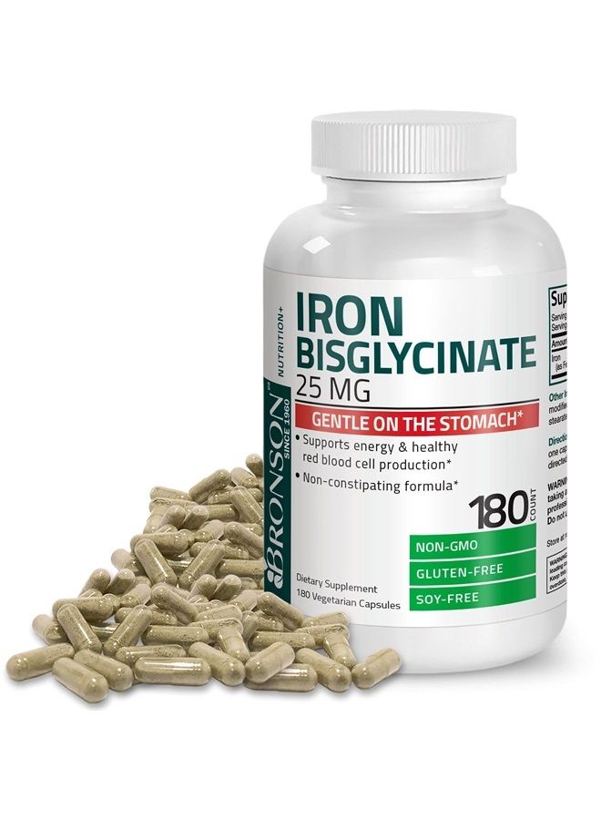 Bronson حديد بيزغليسينات 25 ملغ لطيف على المعدة، يدعم الطاقة وإنتاج خلايا الدم الحمراء الصحية - تركيبة غير مسببة للإمساك - غير معدلة وراثيًا، 180 كبسولة نباتية - Image 1