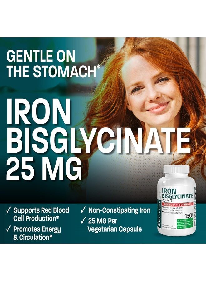 Bronson حديد بيزغليسينات 25 ملغ لطيف على المعدة، يدعم الطاقة وإنتاج خلايا الدم الحمراء الصحية - تركيبة غير مسببة للإمساك - غير معدلة وراثيًا، 180 كبسولة نباتية - Image 3