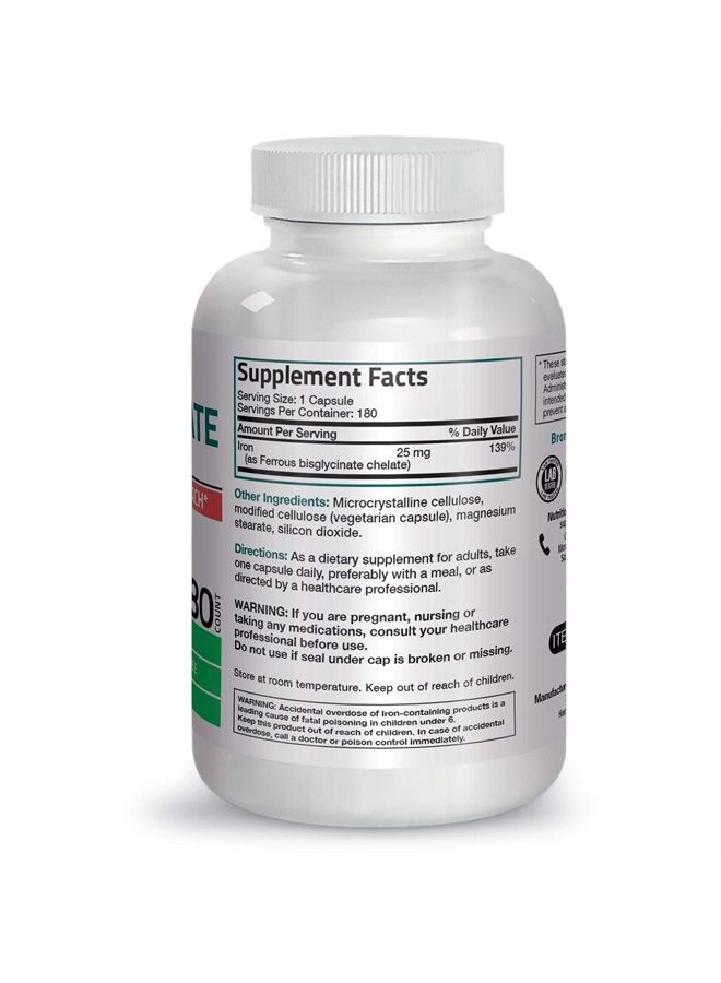 Bronson حديد بيزغليسينات 25 ملغ لطيف على المعدة، يدعم الطاقة وإنتاج خلايا الدم الحمراء الصحية - تركيبة غير مسببة للإمساك - غير معدلة وراثيًا، 180 كبسولة نباتية - Image 2