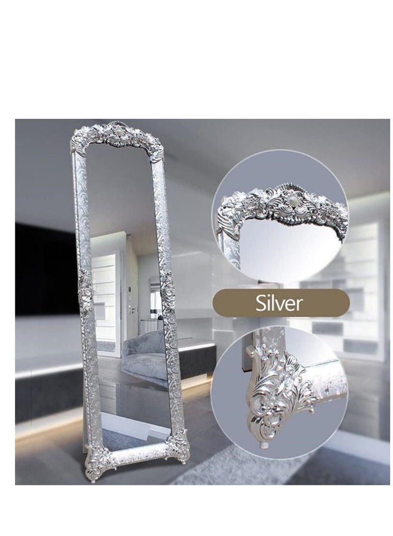 Golden Stand Mirror, Full Length Mirror Standing Mirror, Large Rectangle Bedroom Mirror Floor Mirror, Carved Frame 8132-Silver 45X165Cm  - Image 3