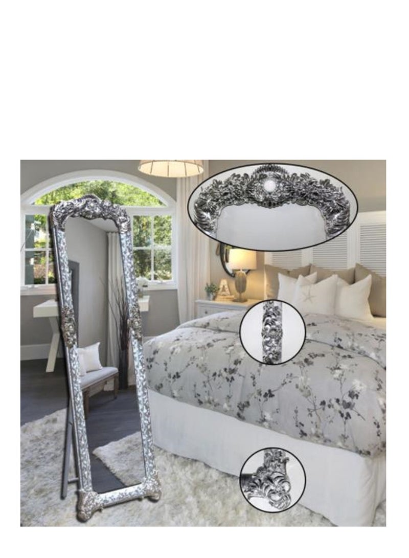 Golden Stand Mirror, Full Length Mirror Standing Mirror, Large Rectangle Bedroom Mirror Floor Mirror, Carved Frame 8132-Silver 45X165Cm  - Image 4