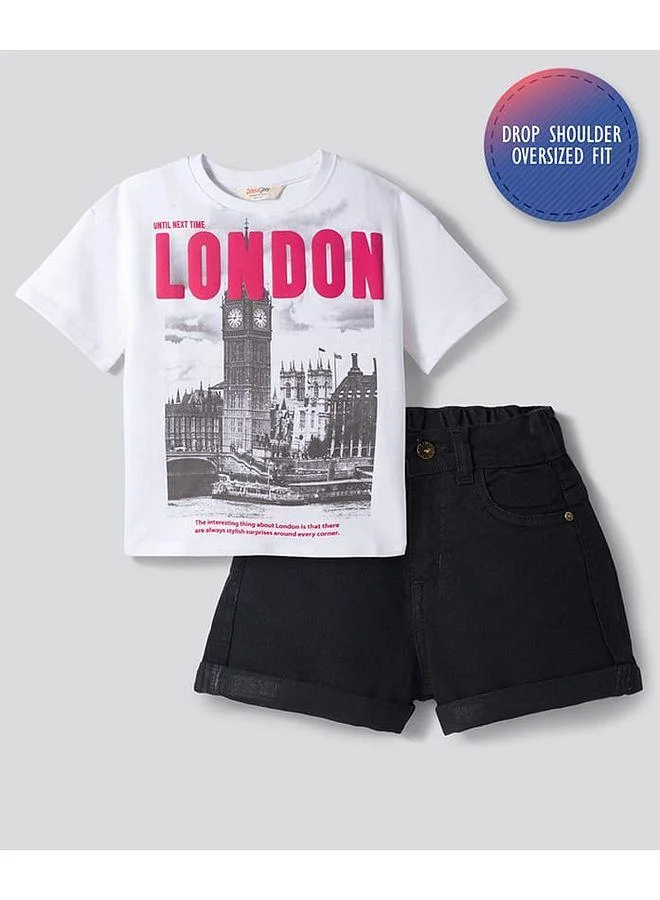 Primo Gino Primo Gino 100% Cotton French Terry Knit Oversized New York Printed T-Shirt and Denim Shorts Set - White and Black