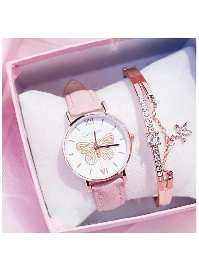 Ladies' Watch and Bracelet Set Fashion Trend Butterfly Dial Belt Quartz Watch Star Bracelet Gift Set - Image 1