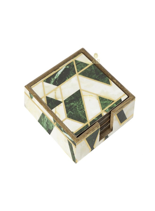 DULI Set of 4 MDF Wood Tea Coasters with Stand, Tea Coaster, Chai Coaster (10 * 10 cm) (MCDCS4case: Green-Gold) - Image 3