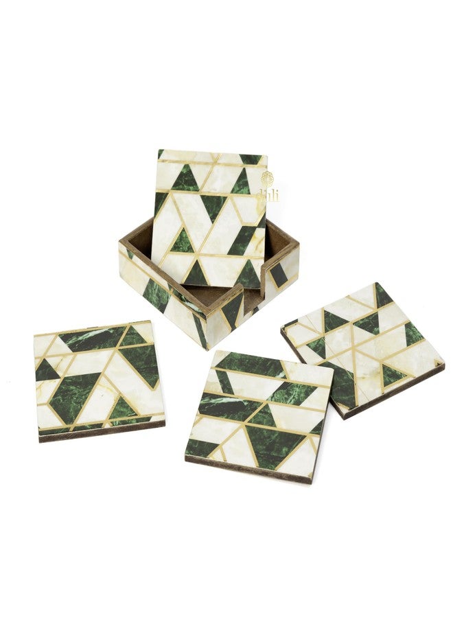 DULI Set of 4 MDF Wood Tea Coasters with Stand, Tea Coaster, Chai Coaster (10 * 10 cm) (MCDCS4case: Green-Gold) - Image 5