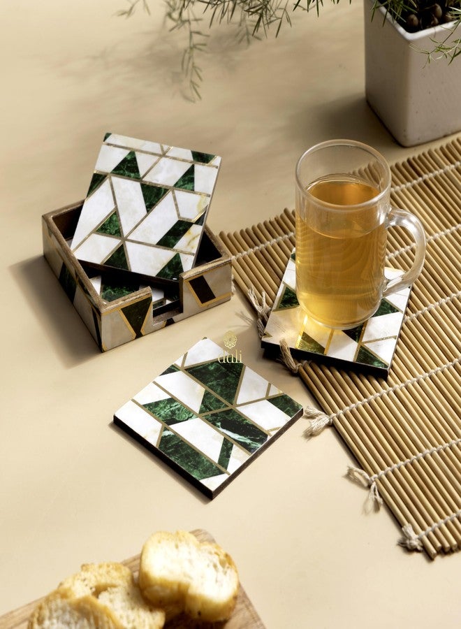 DULI Set of 4 MDF Wood Tea Coasters with Stand, Tea Coaster, Chai Coaster (10 * 10 cm) (MCDCS4case: Green-Gold) - Image 1