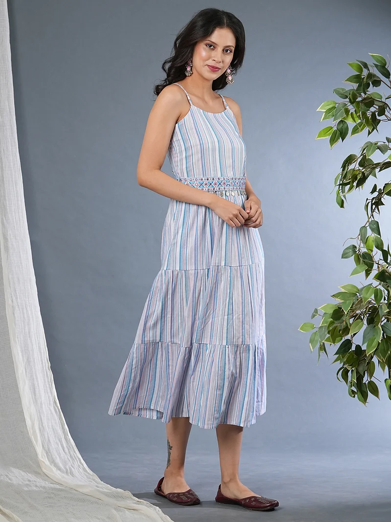 globus Globus Women Striped Embroidered Gathered & Tiered Cotton A-Line Midi Ethnic Dress