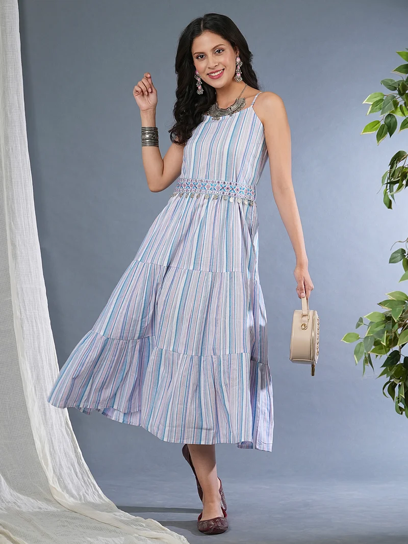 globus Globus Women Striped Embroidered Gathered & Tiered Cotton A-Line Midi Ethnic Dress