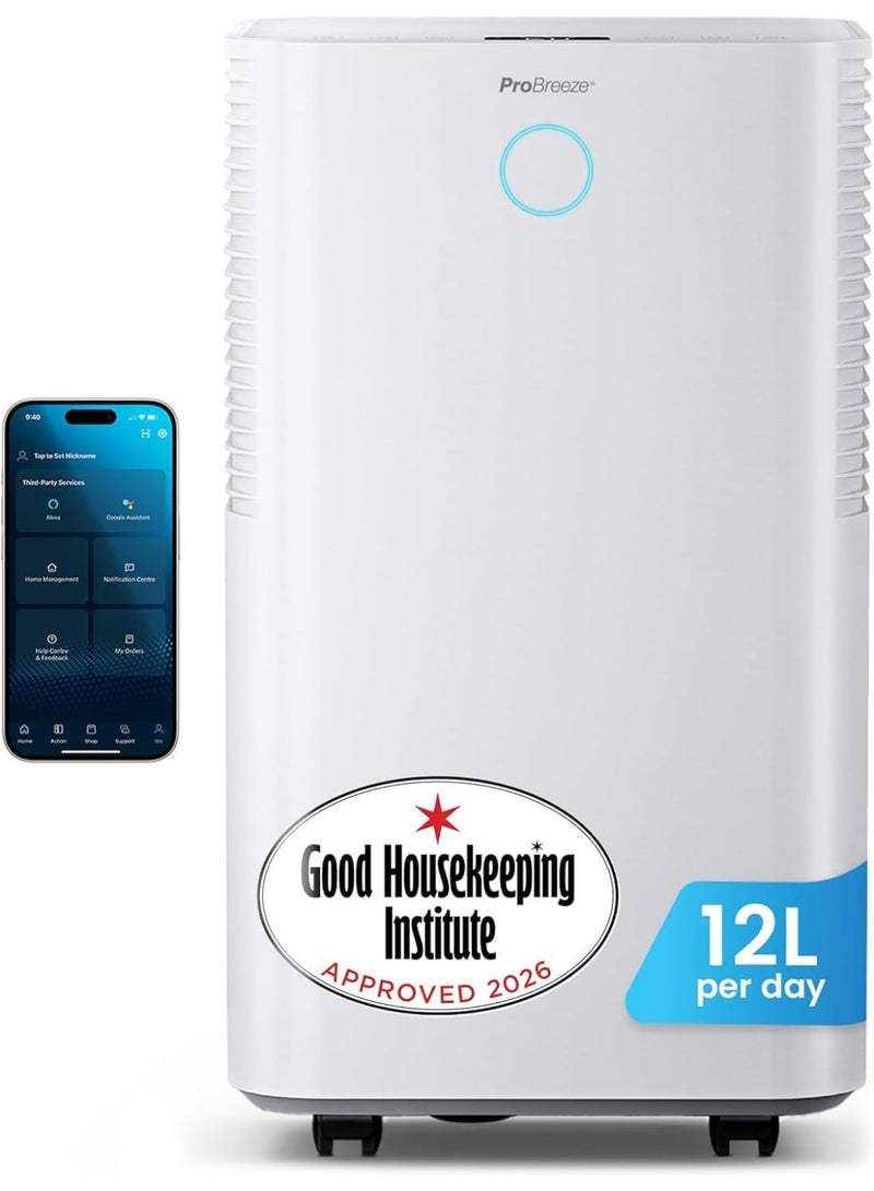 برو_بريز مزيل الرطوبة Pro Breeze® OmniDry بسعة 12 لتر/يوم مع مستشعر رطوبة وشاشة عرض تلقائية، ومؤقت 24 ساعة، وتجفيف الملابس، وتصريف مستمر (أبيض، 12 لتر + تطبيق ذكي) - Image 1