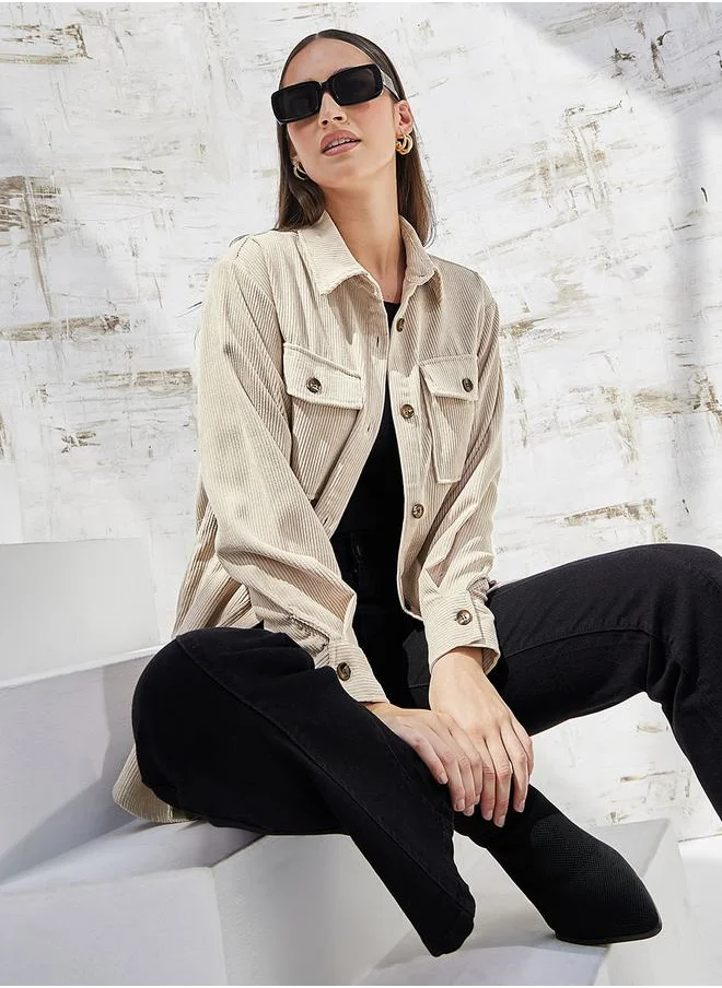 ستايلي Oversized Corduroy Jacket with Flap Pocket