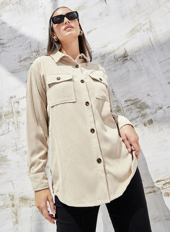 Styli Oversized Corduroy Jacket with Flap Pocket