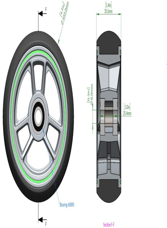 RIANT WHEEL, W434, 4 X 1.4 inch, Solid, PU Wheels, Wheelchair Casters, Nylon Rim, one Pair (Black) - Image 3