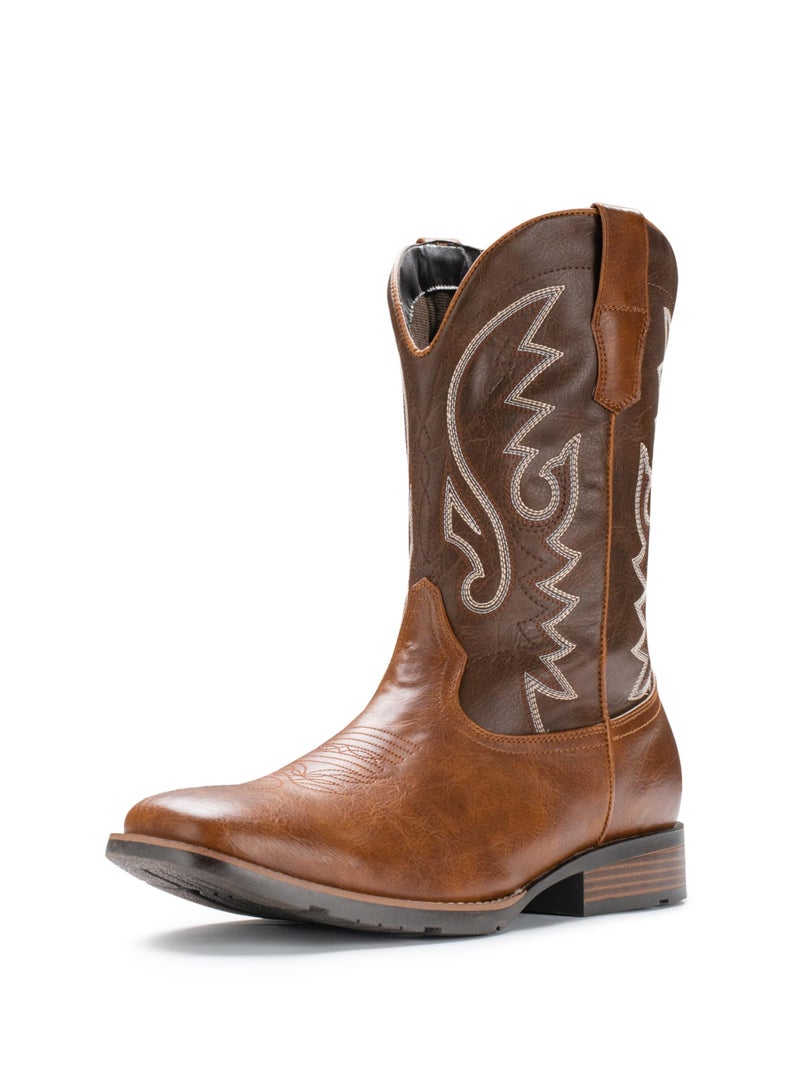 IUV Cowboy Boots For Men with Wide Square Toe Western Retro Boot Durable Classic Fashionable Embroidered Pull On Slip Resistant Boots - Image 1