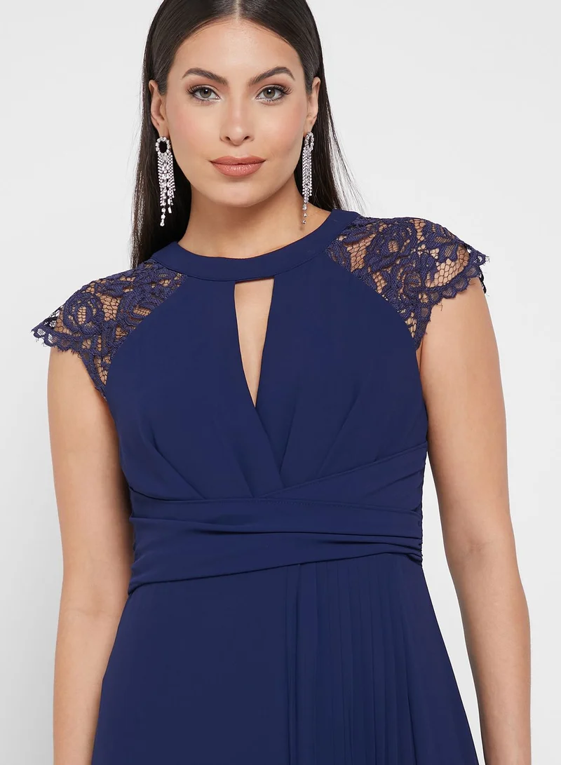 TFNC Keyhole Cap Sleeve Lace Trim Dress
