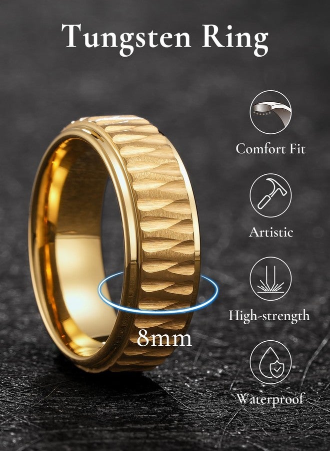 King Will Mens 8MM GLORY Wedding Rings Hammered Tugnsten Wedding Band for Men Gold Plated Textured Engagement Ring Matte Brushed Stepped Edges Comfort Fit Craftsman Collection Durable, Size 10 - Image 2