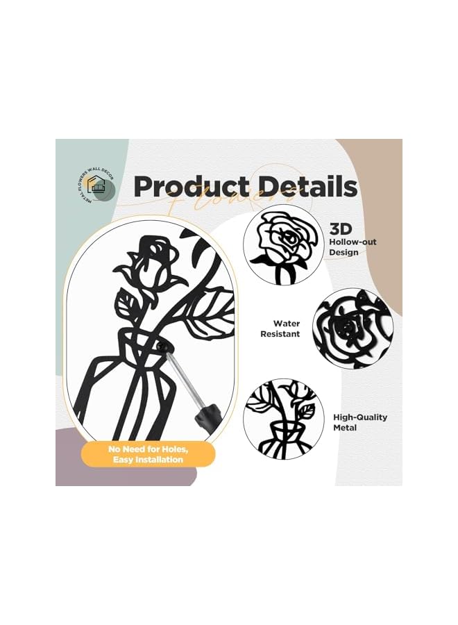 The Bros Set of 3 Metal Flowers, Wall Decor, Minimalism, Wall Art Decor, Minimalist Decor, Wall Art, Metal Wall Sculpture, for Patio, Balcony, Bathroom (Black) - Image 5