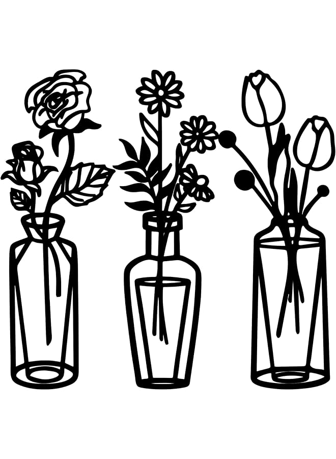 The Bros Set of 3 Metal Flowers, Wall Decor, Minimalism, Wall Art Decor, Minimalist Decor, Wall Art, Metal Wall Sculpture, for Patio, Balcony, Bathroom (Black) - Image 1