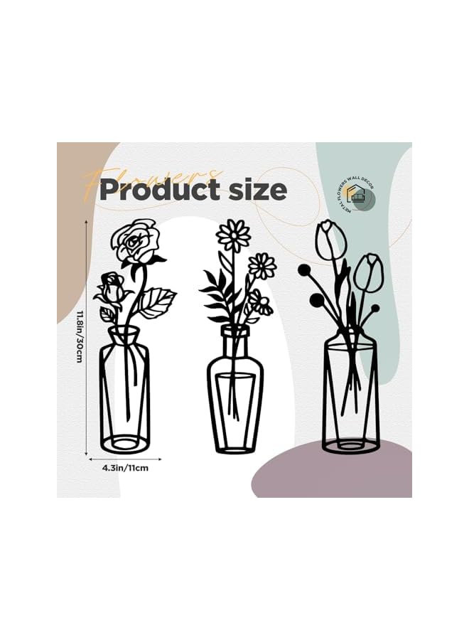 The Bros Set of 3 Metal Flowers, Wall Decor, Minimalism, Wall Art Decor, Minimalist Decor, Wall Art, Metal Wall Sculpture, for Patio, Balcony, Bathroom (Black) - Image 4