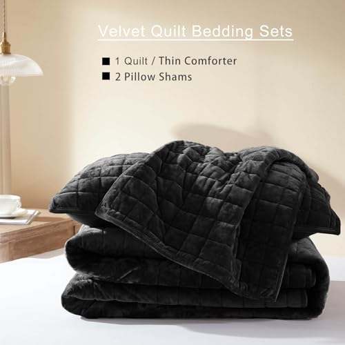 LEAONME Velvet Quilt King Size-98''x106'', Lightweight Black Velvet Comforter Set with 2 Pillow Shams, Soft Bedspread Coverlet Quilted Bedding Set for All Season - Image 5