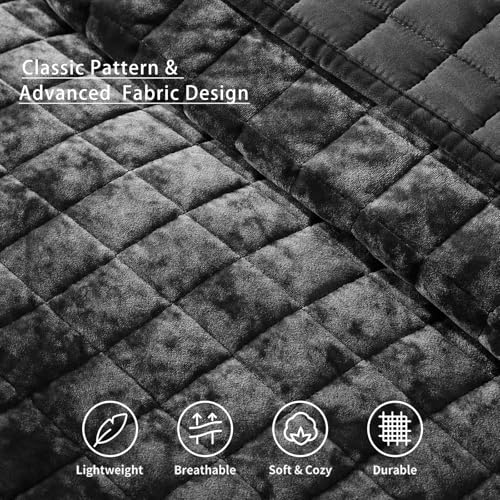 LEAONME Velvet Quilt King Size-98''x106'', Lightweight Black Velvet Comforter Set with 2 Pillow Shams, Soft Bedspread Coverlet Quilted Bedding Set for All Season - Image 4