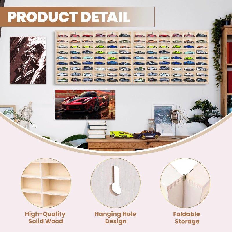WodGod 1:64 Model Car Wooden Display Case,108 Grids,Storage Display Shelf,for 1/64 Scale Toy Cars,Wall Mount ,Model car Display Organizer,Collapsible Toy Car Storage(Only One Case) - Image 3
