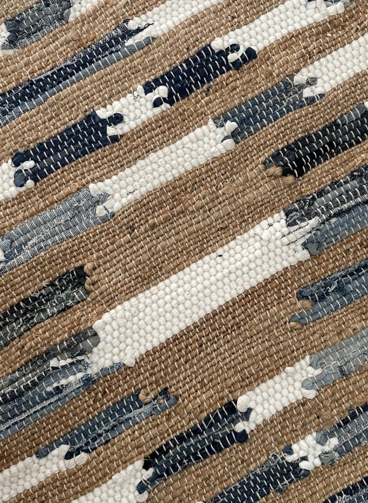 IndiaWeaves Handwoven Jute Cotton Rug Natural Blue Bramton Pattern Size- 60x90cm - Image 2