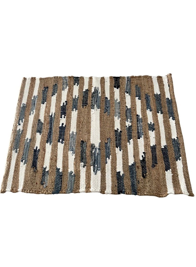 IndiaWeaves Handwoven Jute Cotton Rug Natural Blue Bramton Pattern Size- 60x90cm - Image 1