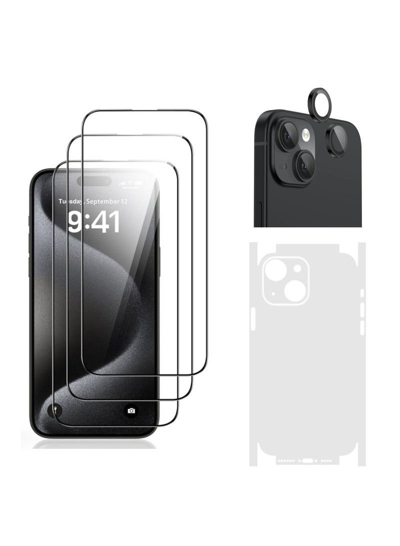 DIGI CORE iPhone 15 Screen Protector 3 Pack 6.1 Inch 2.5D Curved Edges With iPhone 15 Camera Lens Protector And Anti-Scratch iPhone 15 Back PVC Clear Sheet Set (Black, iPhone 15) - Image 1