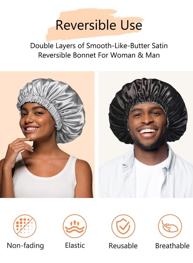 mikimini Black Satin Bonnet for Sleeping Pack of 2, Curly Hair Silk Sleep Cap for Women and Men Reversible Double Layer Bonnets X-Large Sleeping Cap Soft Stretchy Night Cap for Hair Care - Image 1