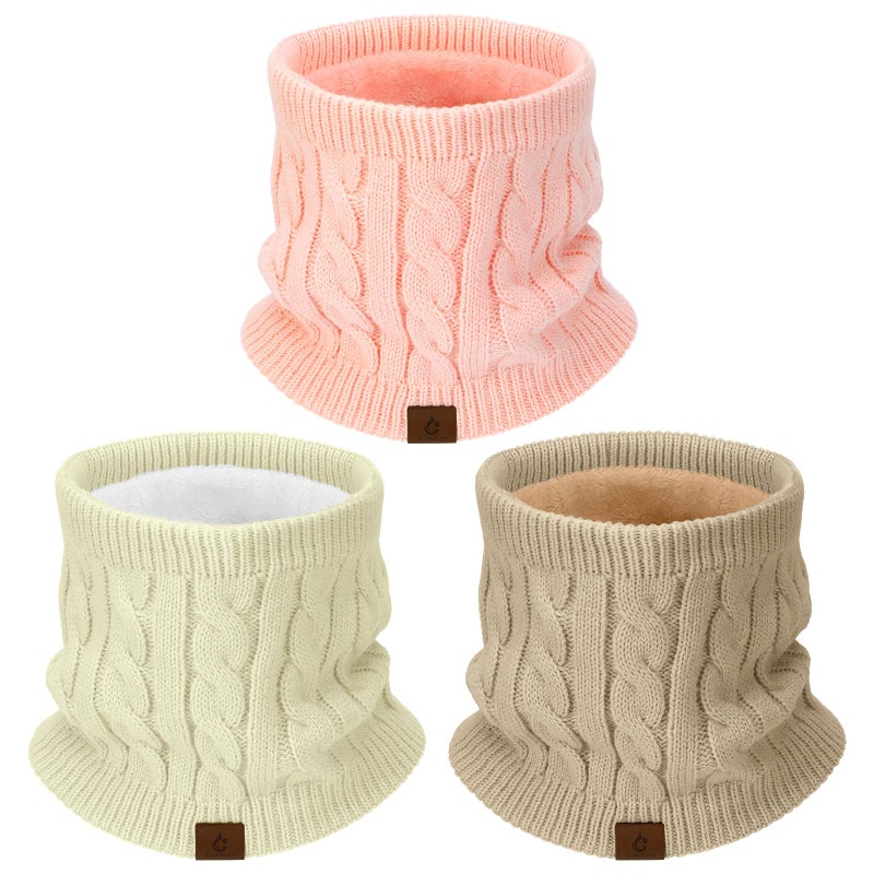 Goocoz Mens Scarf Winter Neck Gaiters 3PCS, Knit Neck Warmer with Thick Fleece Lining Scarves, Cold Weather Gear for Men Ski, Pink/White/Oatmeal, M - Image 1