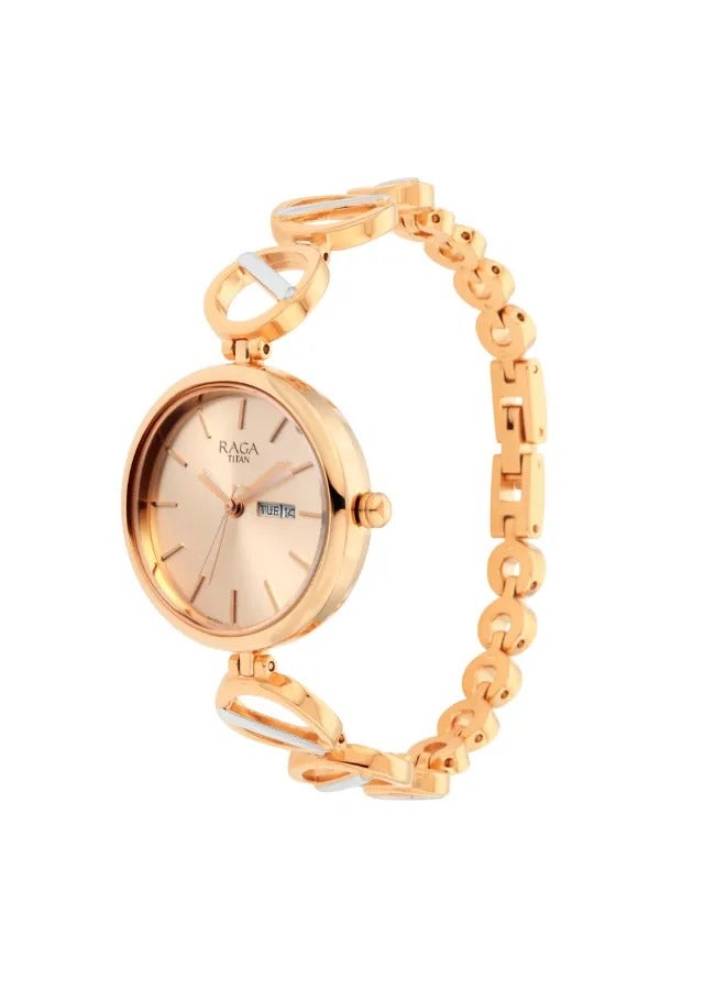 Titan Raga Viva Quartz Analog with Day and Date Women Watch Rose Gold Dial With Two Toned Colour Metal Strap