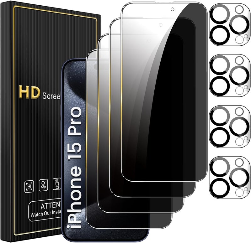 Romkasi 4 Pack Privacy Screen Protector for iPhone 15 Pro 6.1 Inch with 4 Pack Camera Lens Protector, Anti Spy Tempered Glass Film, Anti-Scratch, Touch Sensitive, Case Friendly - Image 1