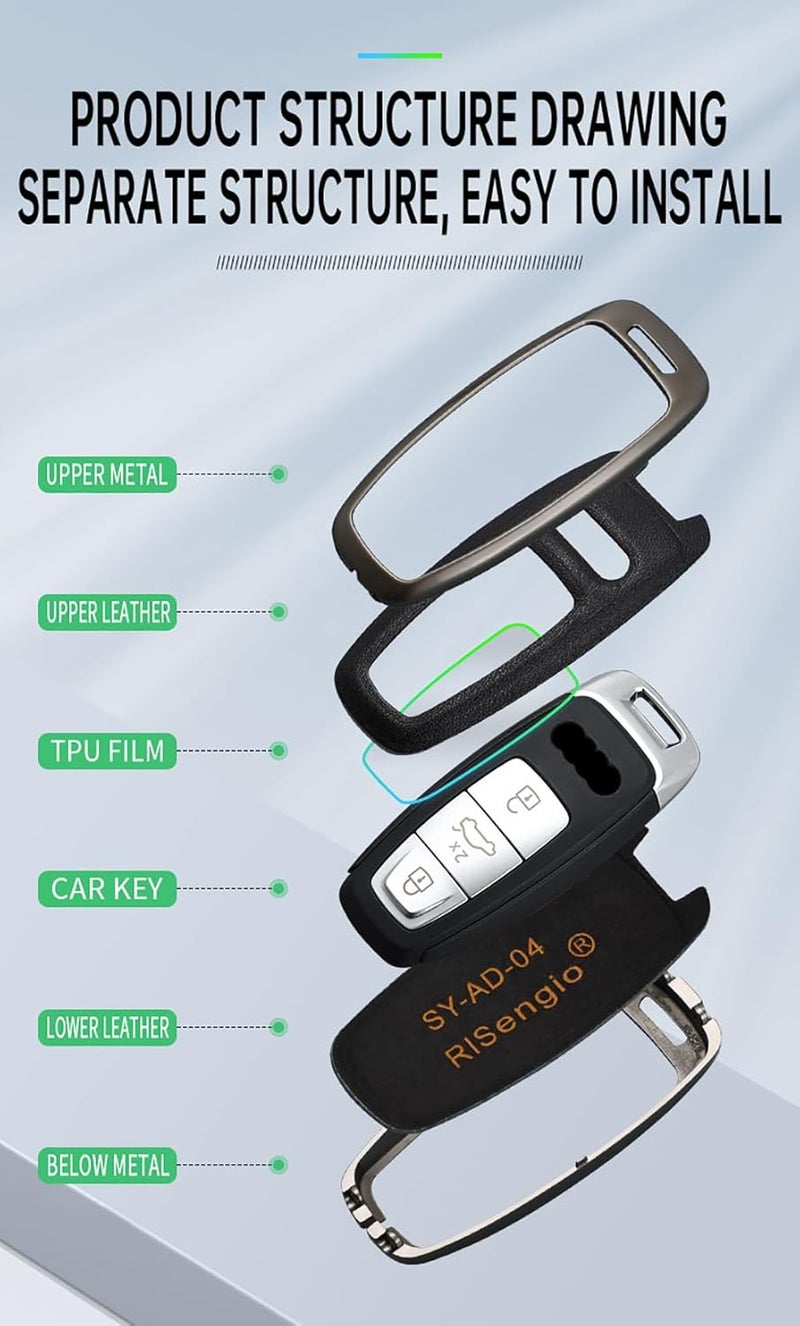 TECART Zinc Alloy Key Case for Audi Models with Leather Keyring Accessories - Image 5