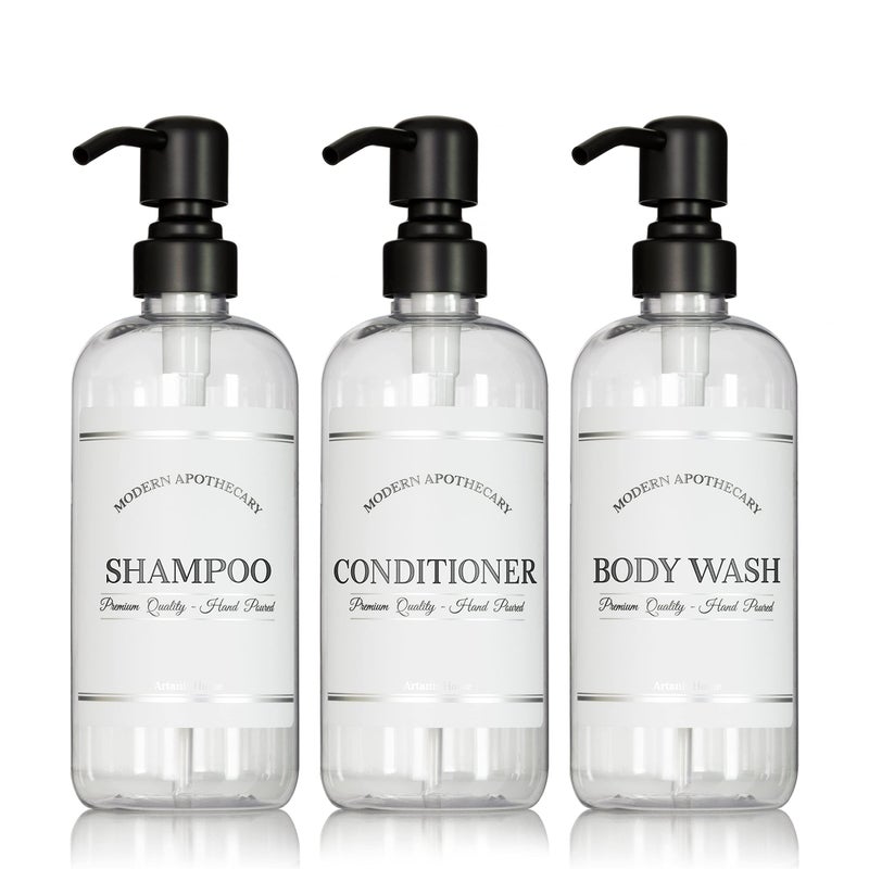 Artanis Home Clear Refillable Shampoo and Conditioner Bottles  Body Wash Shampoo and Conditioner Dispenser  PET Plastic Shampoo Bottles Refillable with Pump  Waterproof Labels  16 oz 3 Pack Black Satin