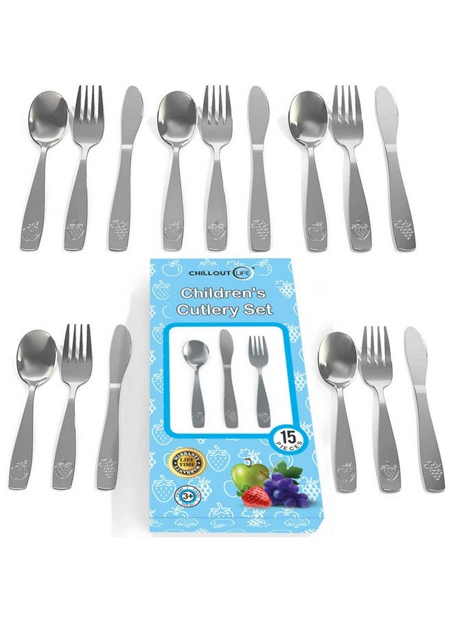 CHILLOUT LIFE CHILLOUT LIFE Stainless Steel Kids Silverware Set 15 Pieces - Child and Toddler Safe Flatware - Kids Utensil Set - Metal Kids Cutlery Set Includes 5 Small Kids Spoons, 5 Forks & 5 Knives  - Image 1