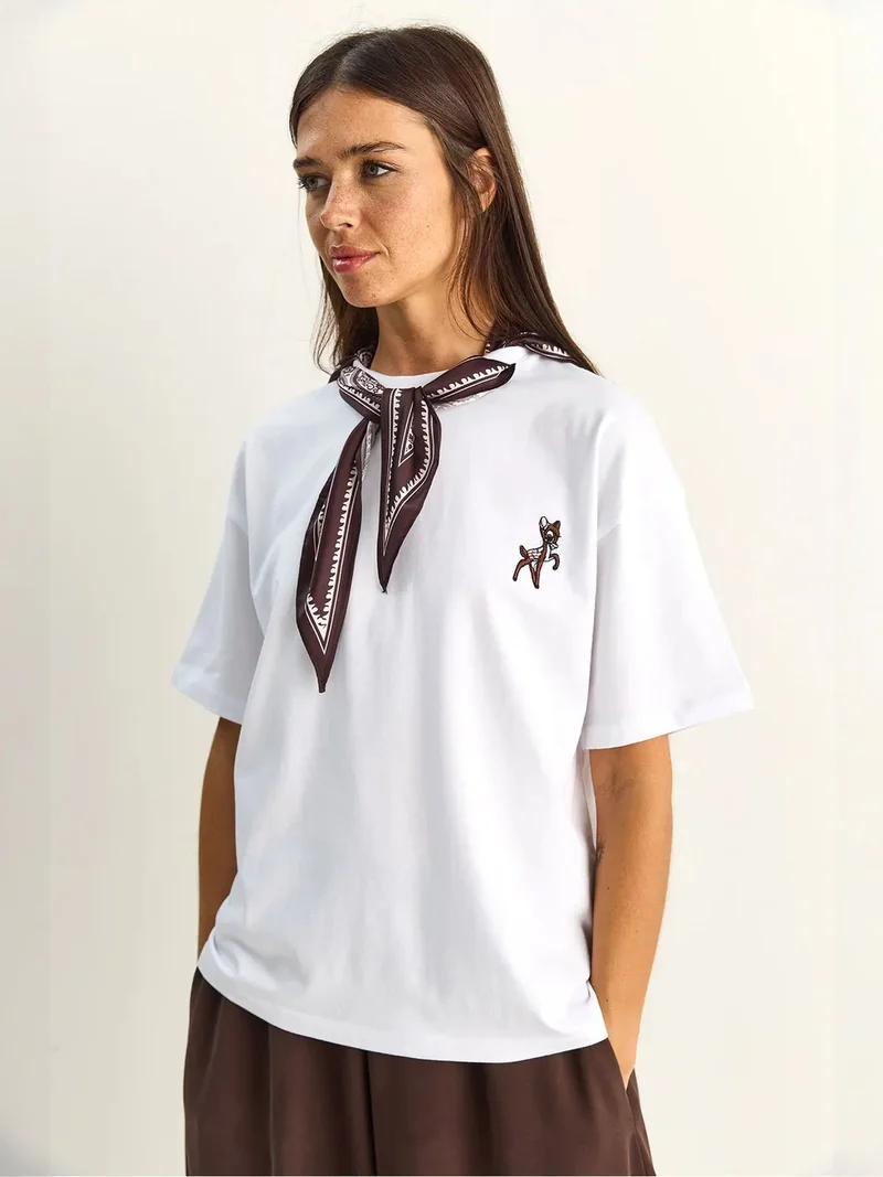 Bianco Lucci LUCCI Loose Fit Crew Neck Embroidered T-Shirt