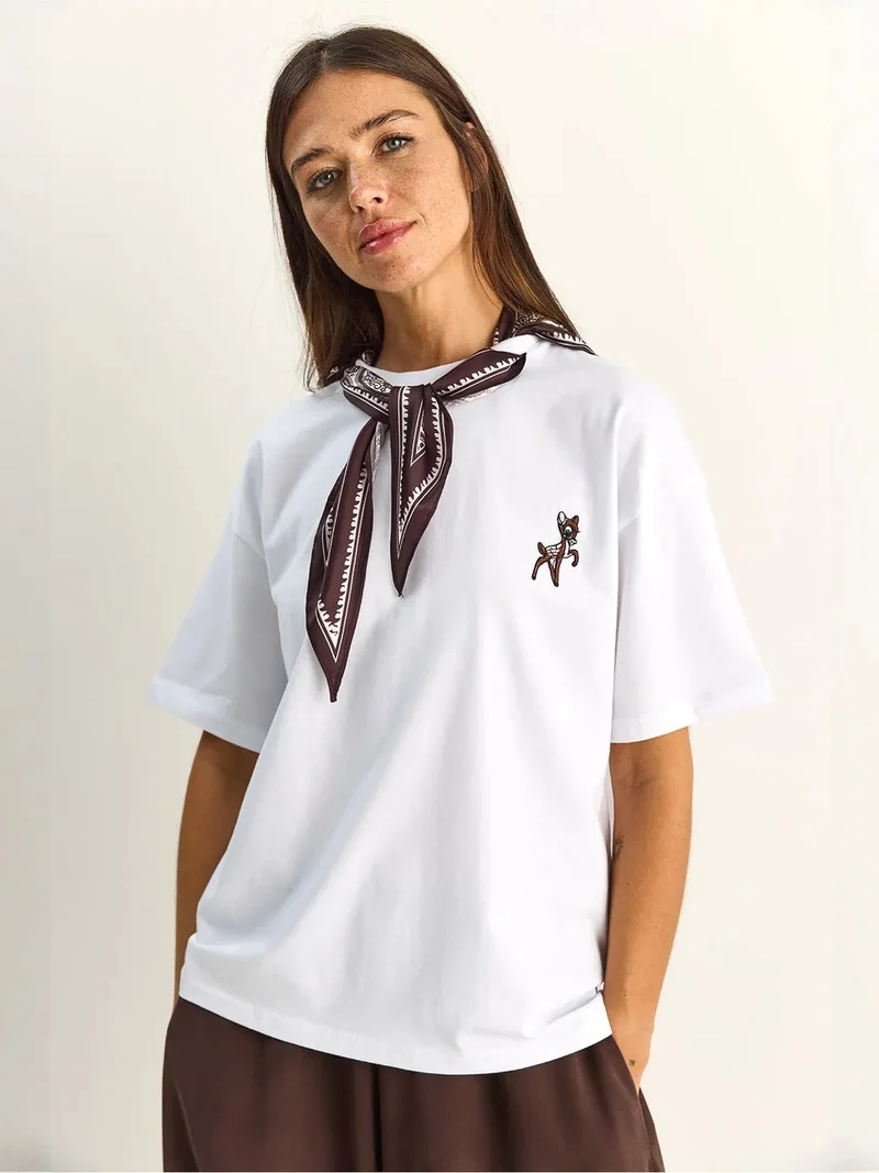 Bianco Lucci LUCCI Loose Fit Crew Neck Embroidered T-Shirt