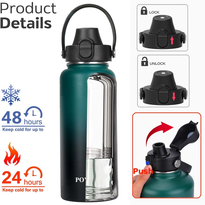 POYAKU Water Bottle Insulated 32oz 40oz 64oz 128oz Straw Lid Spout Lid & 3 Lids, Leak Proof, Vacuum Insulated,Stainless Steel Water Bottle Wide Mouth for Sports, Gym or Office (Indigo Crush, 40 oz) - Image 2