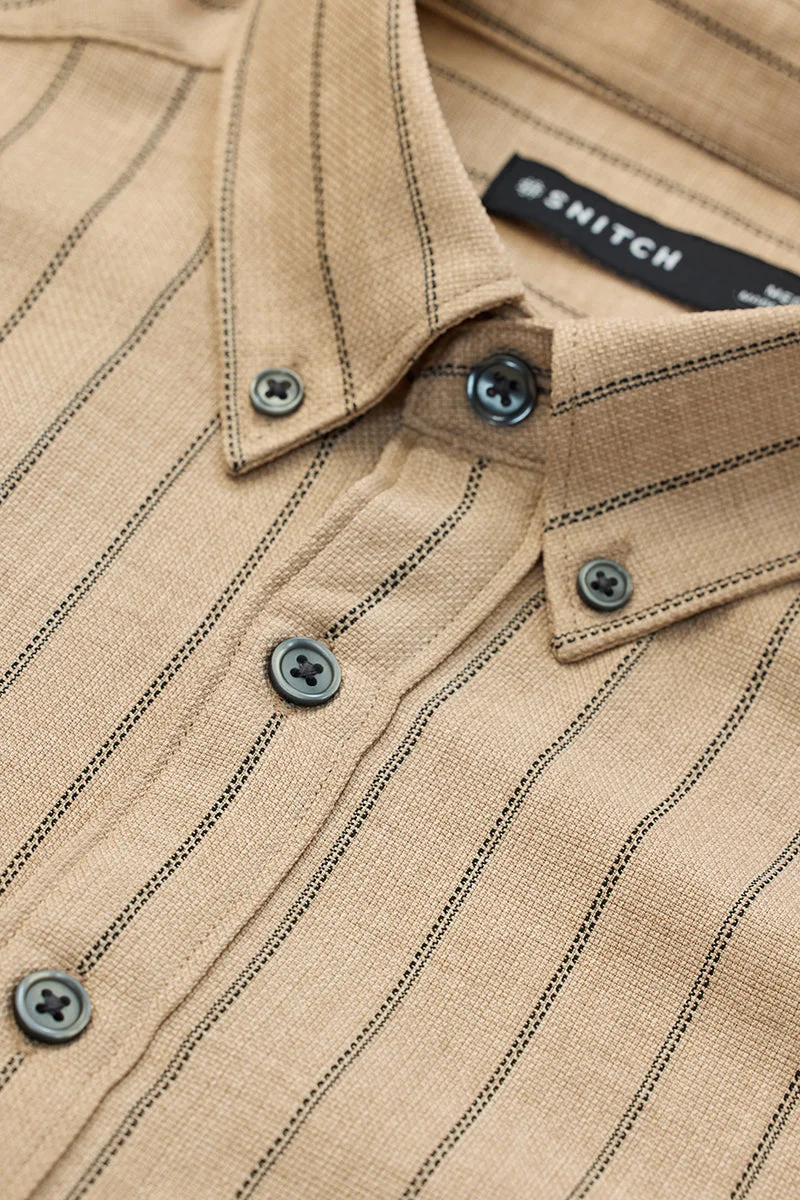 SNITCH Beige Stripes Slim Fit Shirt