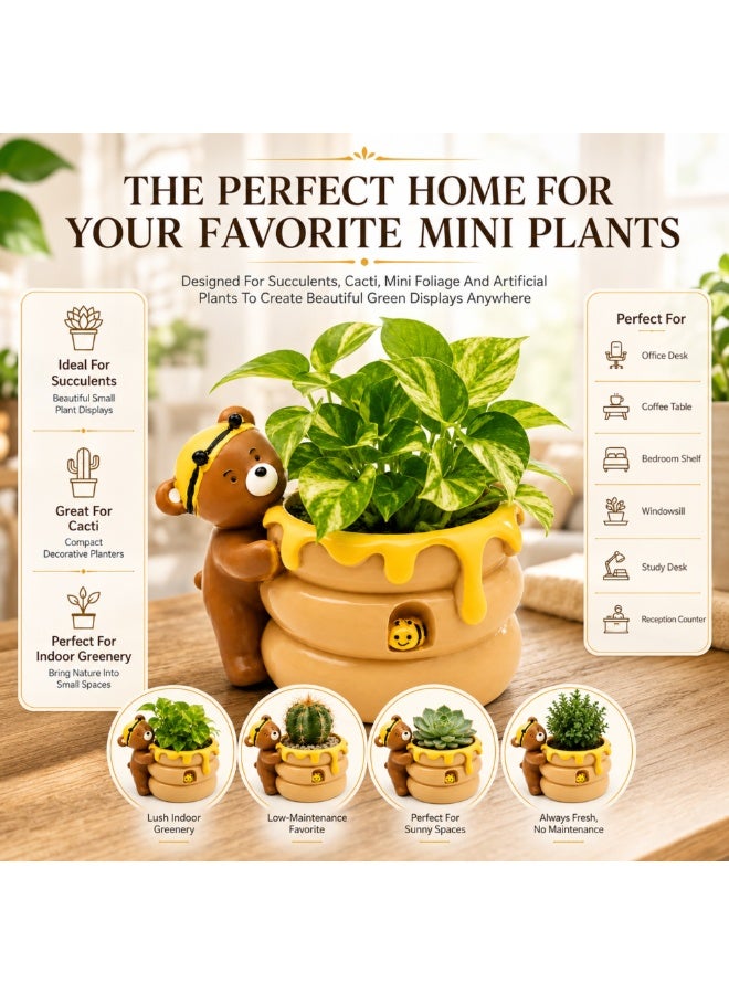 Bear Honey Bee Succulent Planter, Cute Polyresin Flower Pot with Honey Pot Design, Decorative Animal Plant Holder, Mini Cactus Planter, Desktop Pen Holder, Indoor Outdoor Home Office Garden Décor Gift - Image 3