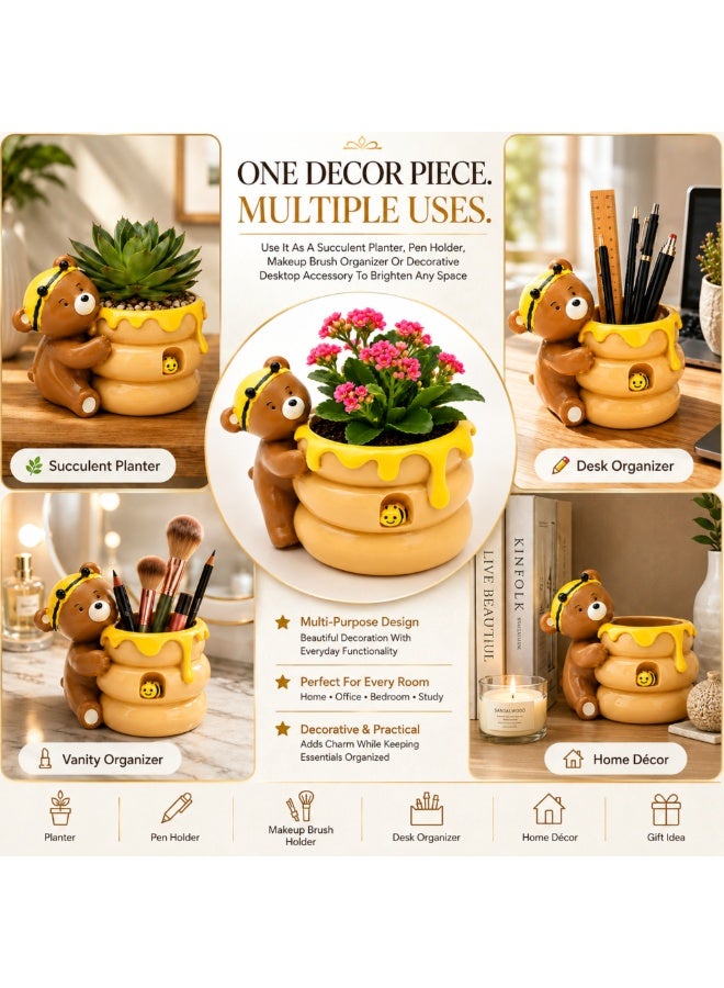 Bear Honey Bee Succulent Planter, Cute Polyresin Flower Pot with Honey Pot Design, Decorative Animal Plant Holder, Mini Cactus Planter, Desktop Pen Holder, Indoor Outdoor Home Office Garden Décor Gift - Image 5